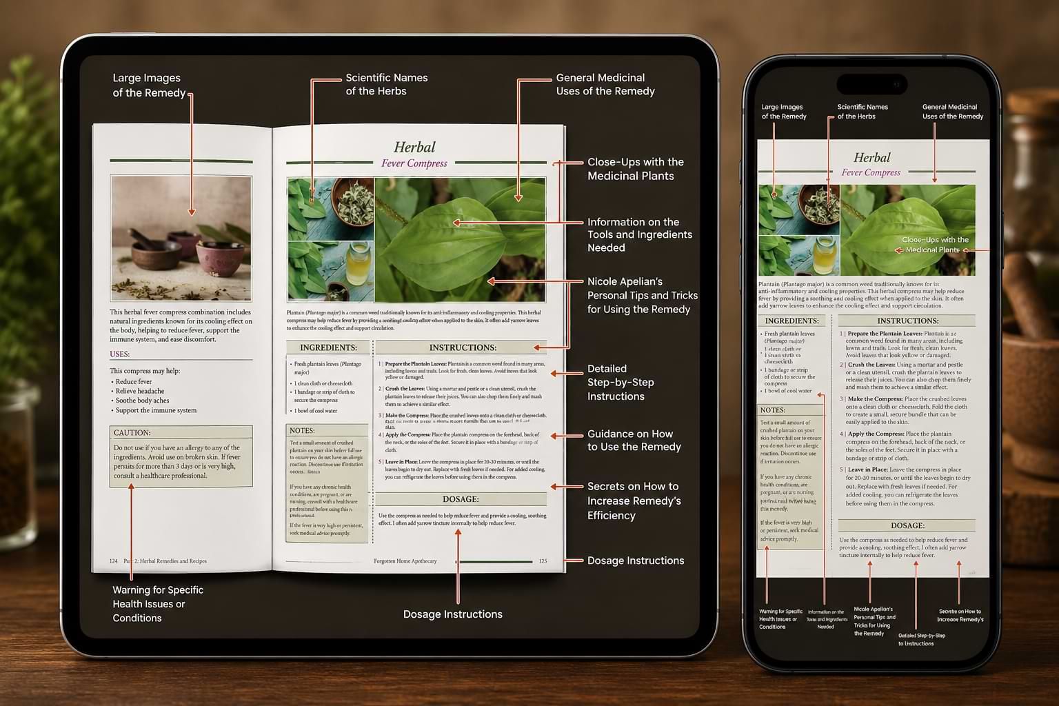 Inside a remedy page — large photos, scientific names, ingredients, step-by-step instructions and dosage