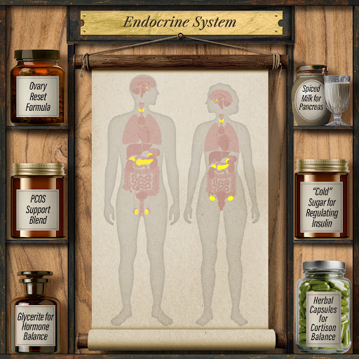 Endocrine System shelf — Cold Sugar for Regulating Insulin, Spiced Milk for Pancreas, PCOS Support Blend and more