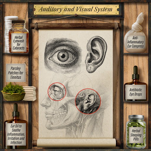 Auditory & Visual System shelf — Antibiotic Eye Drops, Antioxidant Vision Protect, Parsley Patches for Tinnitus and more