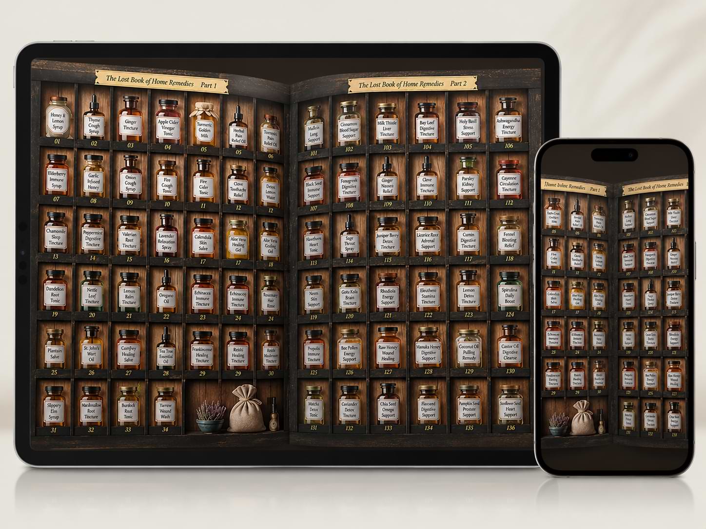 Your new Apothecary — 250 remedies organized on shelves, shown on tablet and phone