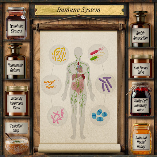 Immune System shelf — Penicillin Soup, Amish Amoxicillin, Anti-Fungal Salve and more